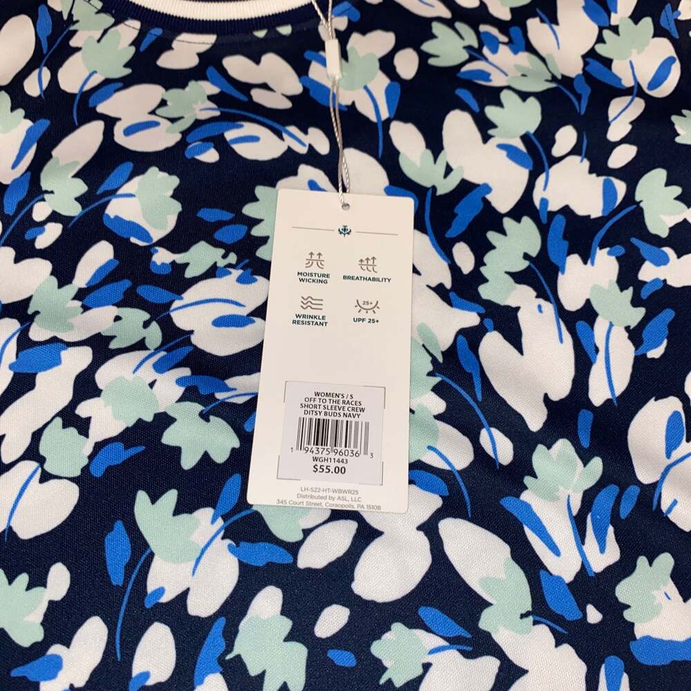 Lady Hagen‎ NEW Womens Off to the Races Crew Fashion Shirt Ditsy Duds Navy Small - Picture 2 of 3